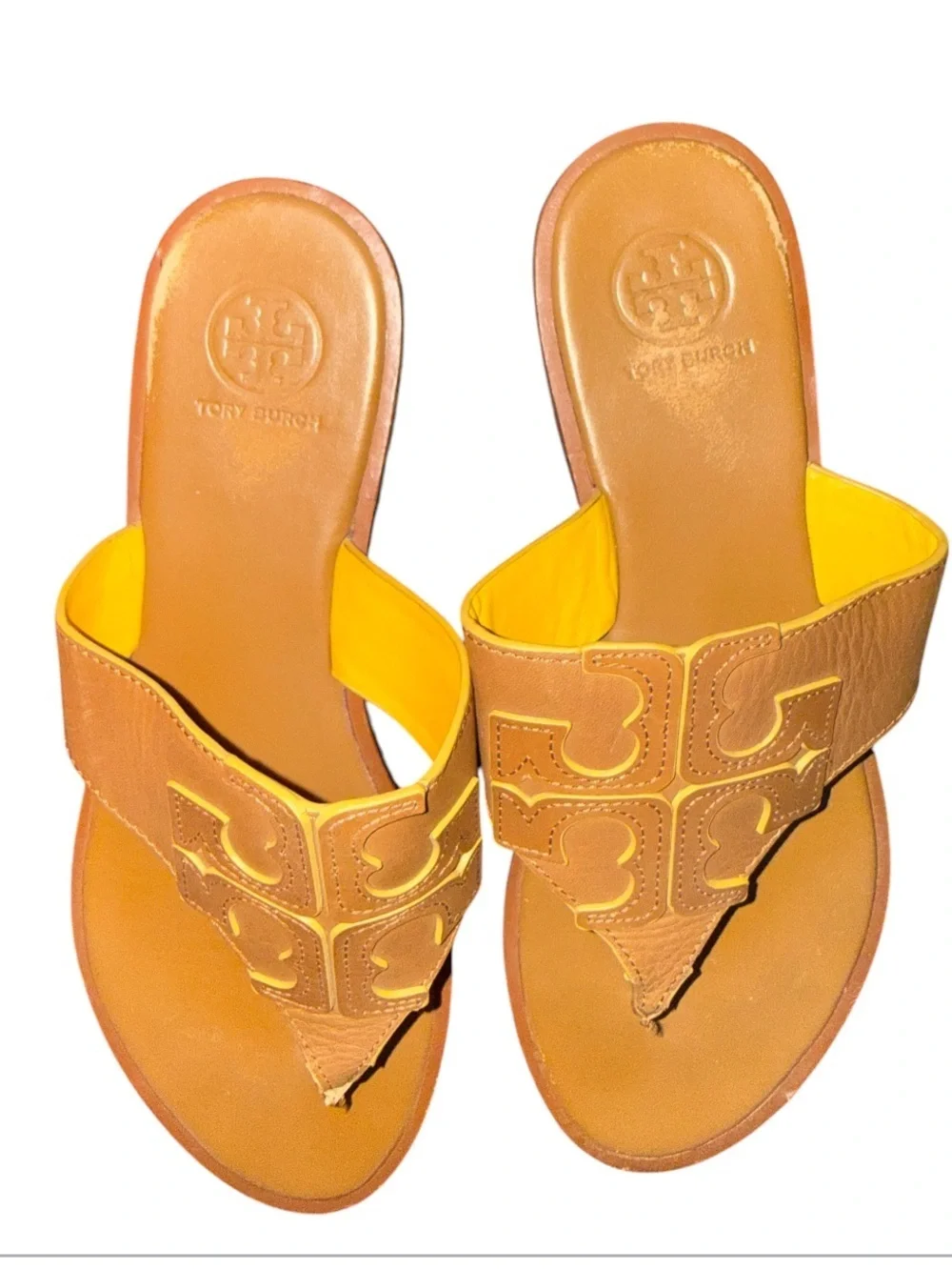 Tory Burch Jamie Full Logo Thong Sandals Size 8 Tan Yellow Leather Flip Flops
